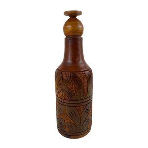 Handcrafted Carved Wooden 3 Piece Bottle Holder Lid Cup